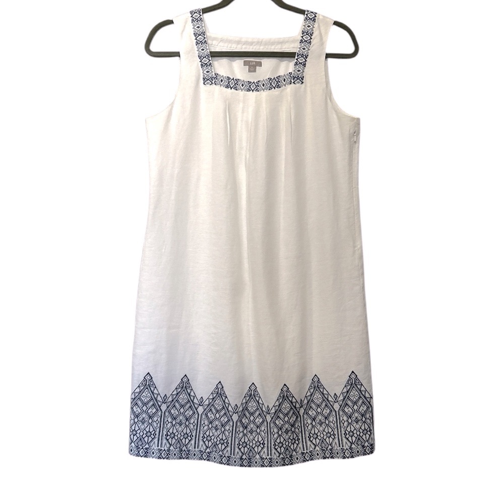 J. Jill White Linen Coastal Chic Seaside Dress Blue Embroidery European Summer M
